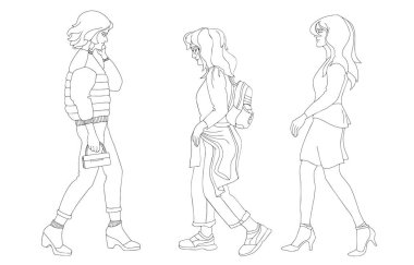 Güzel genç kızlar yürüyor. Çekici kadınlar takımı. Vektör.