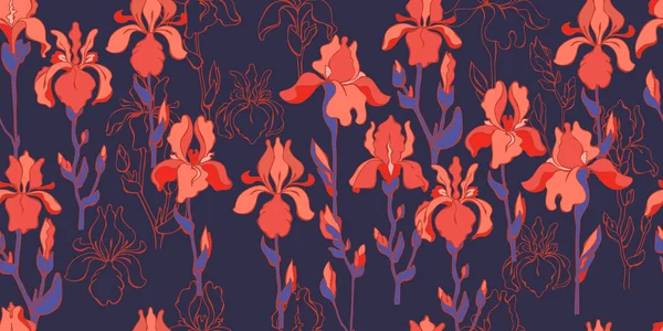 Red flowers on blue background. Seamless pattern with irises. Vector. — Stock Vector