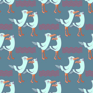 Tatlı martı ve el salla. Çizgi filmlerdeki kuşların kusursuz desenleri. Vektör.