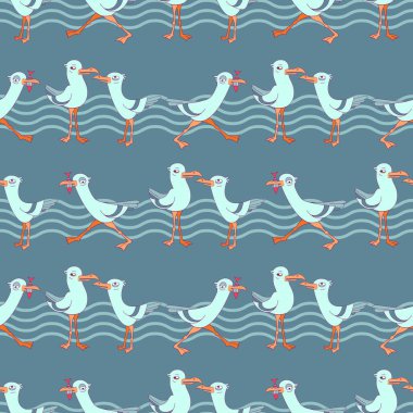 Tatlı martı ve el salla. Çizgi filmlerdeki kuşların kusursuz desenleri. Vektör.