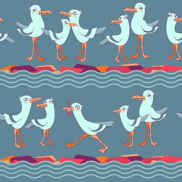 Симпатичная чайка и волна. Бесшовный рисунок с мультяшными птицами. Вектор. — стоковый вектор