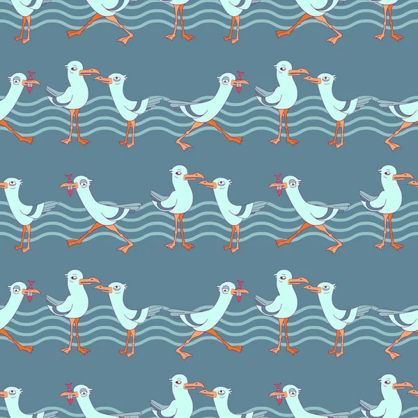 Cute seagull and wave. Seamless pattern with cartoon birds. Vector. — Stock Vector