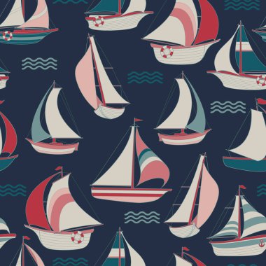 Yelkenli ve el salla. Çizgi film yatında kusursuz desen. Vektör.