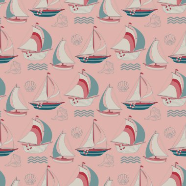 Yelkenli, deniz kabuğu ve dalga. Çizgi film yatında kusursuz desen. Vektör