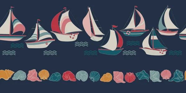 Парусник, ракушка и волна. Бесшовный рисунок с мультяшной яхтой. Вектор — стоковый вектор