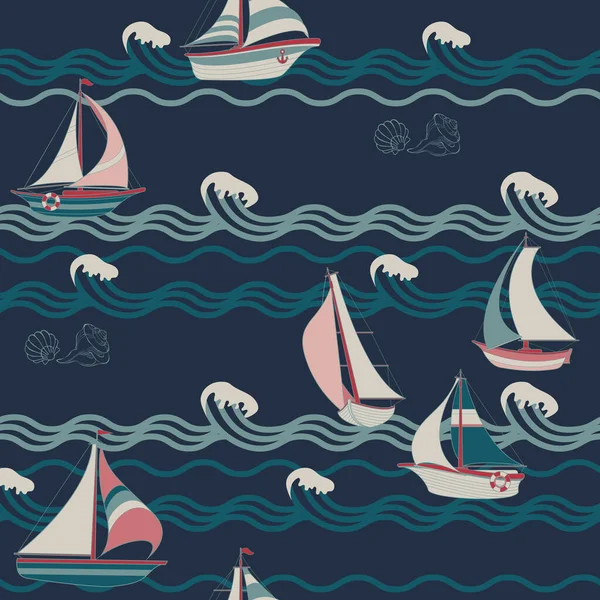 Zeilboot, schelp en zwaai. Naadloos patroon met cartoon jacht. Vector — Stockvector