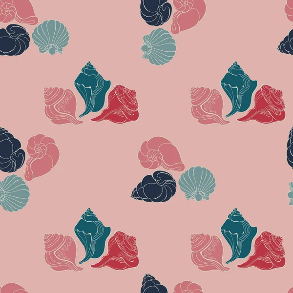 Deniz kabuğu. Çizgi film kabuğuyla kusursuz desen. Pembe deniz kabuğu. Vektör.