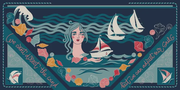 Zeilboot, meisje, schelp en handgeschreven belettering. Vector. Sjaal patroon ontwerp. — Stockvector