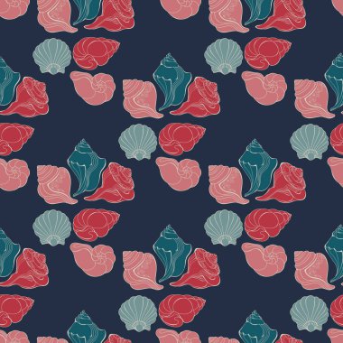 Deniz kabuğu. Çizgi film kabuğuyla kusursuz desen. Mavi deniz kabuğu. Vektör.