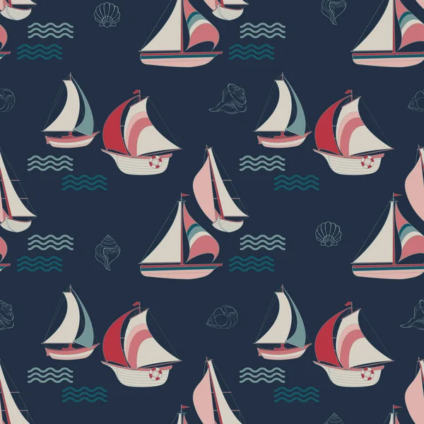 Yelkenli, deniz kabuğu ve dalga. Çizgi film yatında kusursuz desen. Vektör