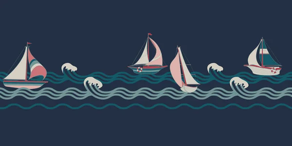 Segelbåt och vinka. Sömlöst mönster med tecknad yacht. Vektor. — Stock vektor