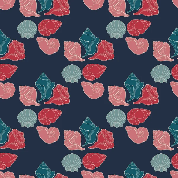 Deniz kabuğu. Çizgi film kabuğuyla kusursuz desen. Mavi deniz kabuğu. Vektör.