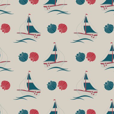 Yelkenli, deniz kabuğu ve dalga. Çizgi film yatında kusursuz desen. Vektör