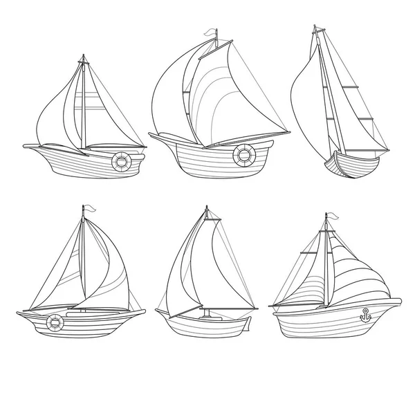 Barco à vela. Conjunto de veleiros de desenhos animados. Descreva o iate. Vetor. — Vetor de Stock
