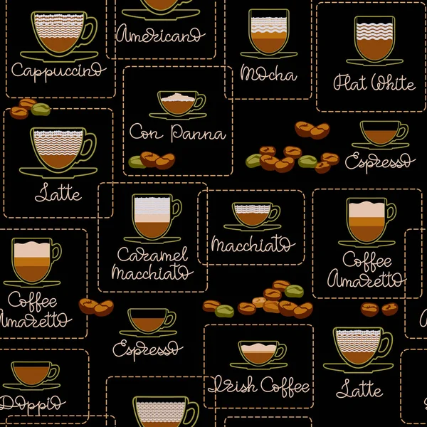 Colección de diferentes bebidas de café. Texto manuscrito. Patrón sin costuras. Vector. — Vector de stock