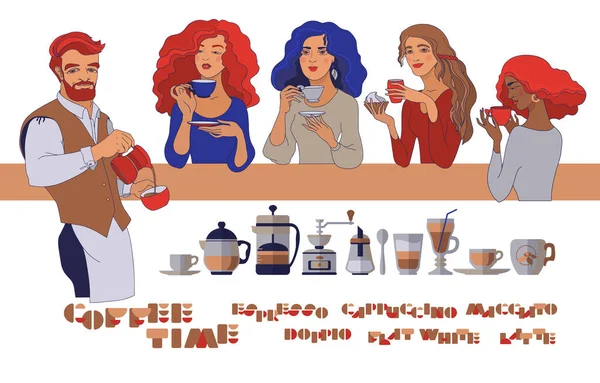 Barista et les jeunes femmes avec une tasse de café. Vecteur. — Image vectorielle