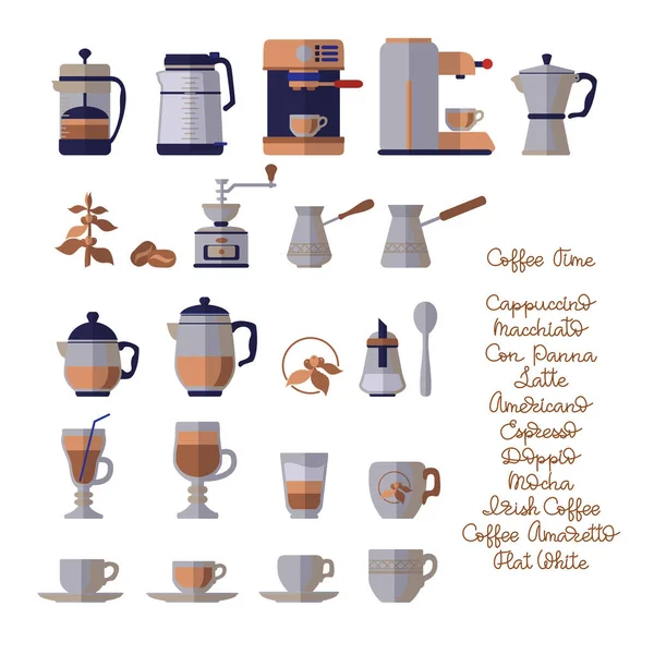 Equipo de café listo. Utensilios y herramientas baristas. Ilustración plana del vector — Vector de stock