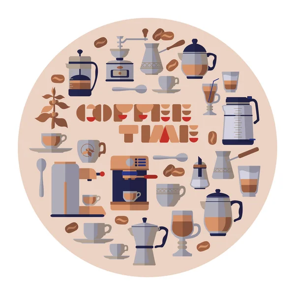 Equipo de café arreglado en círculo. Utensilios y herramientas baristas. Vector. — Archivo Imágenes Vectoriales