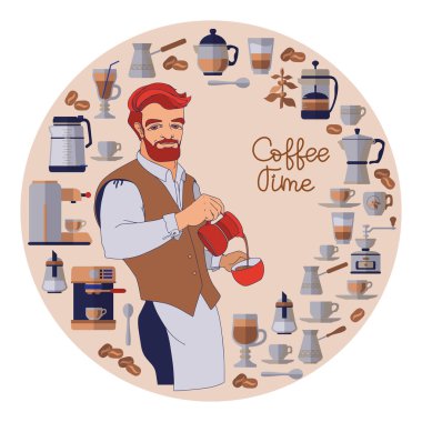 Kahve zamanı. Barista, kap kacak ve kahve ekipmanı ikonları. Vektör illüstrasyonu.