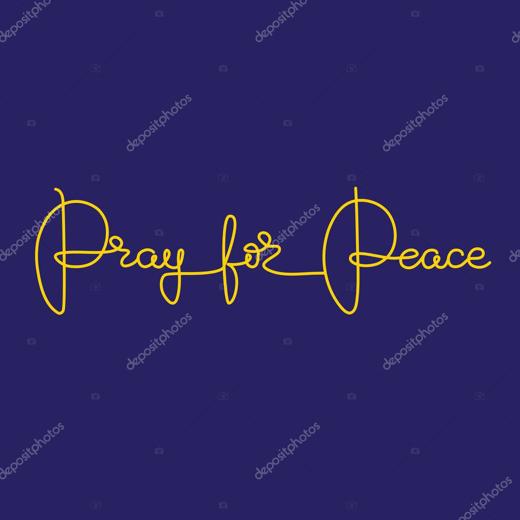 Pray for Peace. Handwritten lettering. Golden inscription isolated on blue background. Modern poster, banner, sticker. Vector illustration.