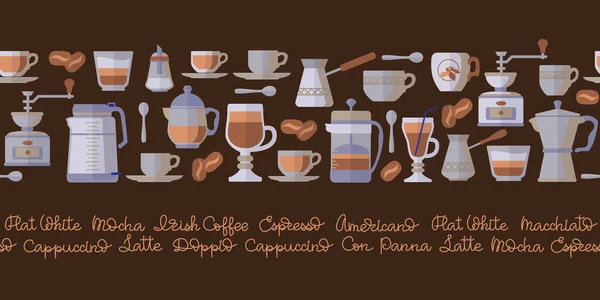 Tiempo de café patrón sin costuras. Iconos y palabras del equipo de café. Vector. — Vector de stock