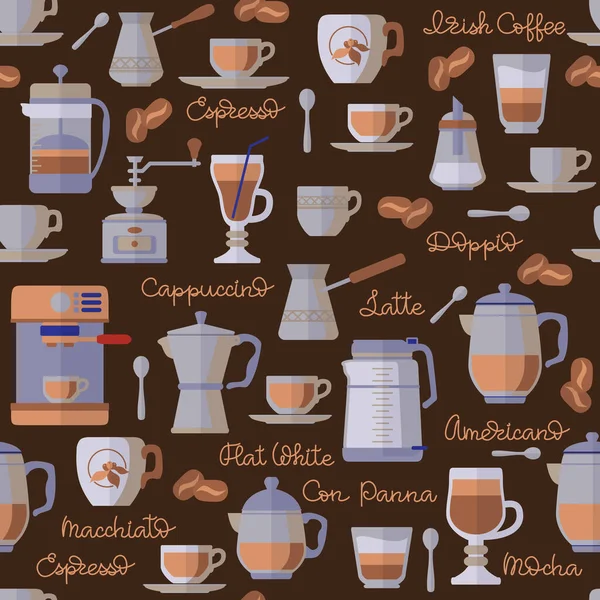 Coffee Time seamless pattern. Coffee equipment icons and words. Vector. — Stock Vector