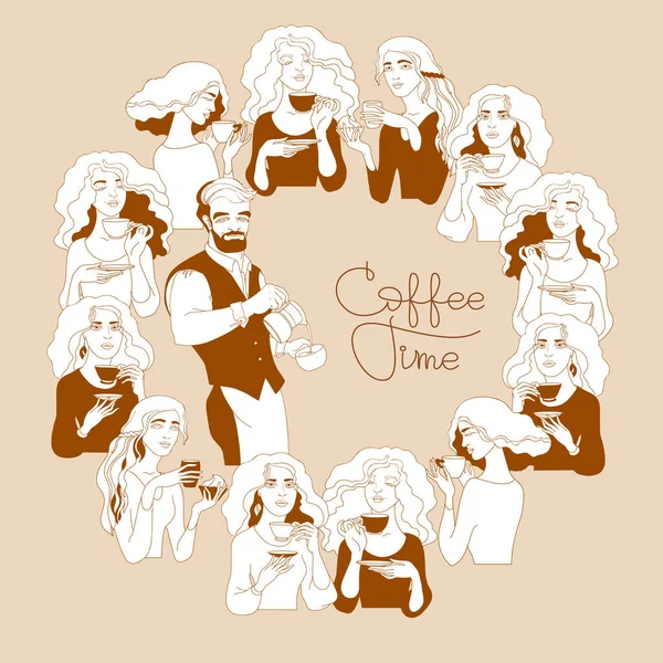 Des femmes avec une tasse de café. L'heure du café. Vecteur. — Image vectorielle
