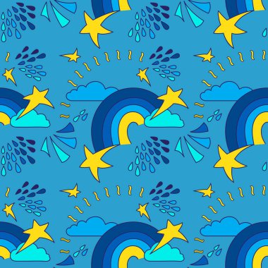 Çizgi film gökyüzü ile kusursuz desen. Modern parlak uzay vektör dokusu.