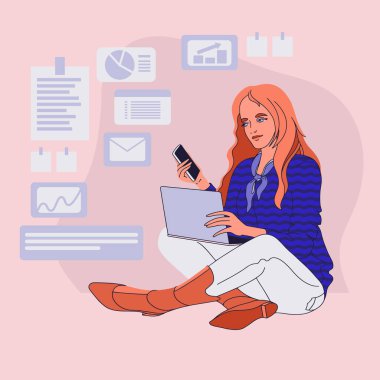 Genç bayan oturuyor. Dizüstü bilgisayar tutan kız. Vektör illüstrasyonu.