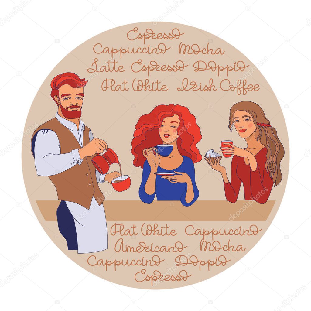Barista and young women with a cup of coffee. Vector.