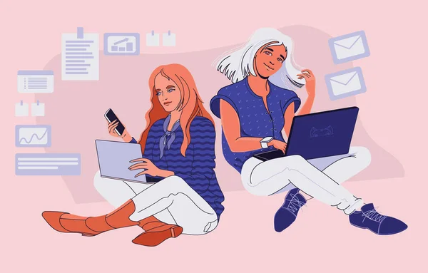Two young women are sitting and hold laptops. Education. Vector. — Stockový vektor