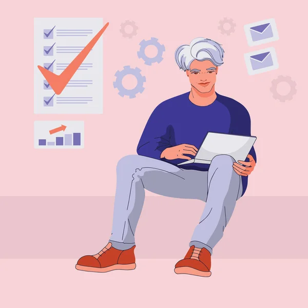 Young man is sitting and holding a laptop. Vector illustration. — Stockvektor