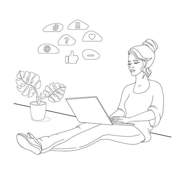 A jovem com laptop. Sentado, a ler. Ilustração plana vetorial. — Vetor de Stock