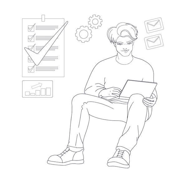 Young man is sitting and holding laptop. Vector illustration. — Archivo Imágenes Vectoriales