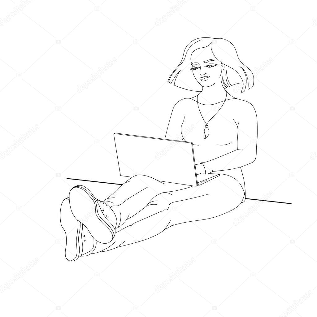 Young woman is sitting and holding laptop. Vector illustration.