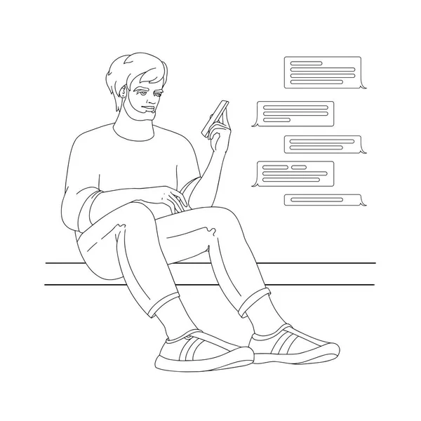 El joven está sentado y sosteniendo el teléfono. Esquema ilustración vectorial. — Vector de stock