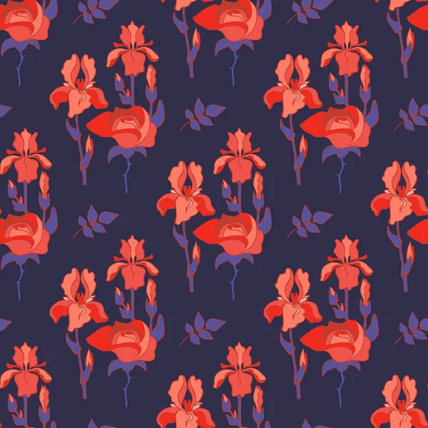 Rote Blumen Auf Dunkelblauem Hintergrund Nahtloses Muster Mit Schwertlilien Floral — Stockvektor