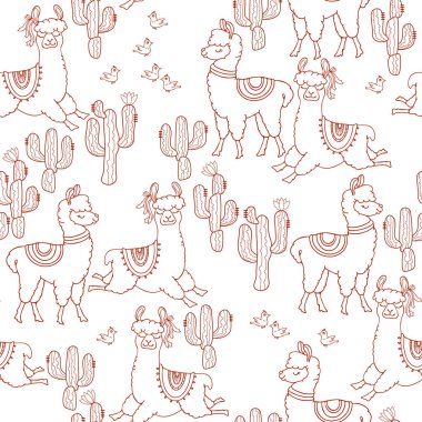 Funny alpacas animals, Seamless pattern. Happy cute llama and cactus Isolated on white background. Outline Lamas, cacti, and birds. Textile or wrapping paper. Vector animal illustration for kids.