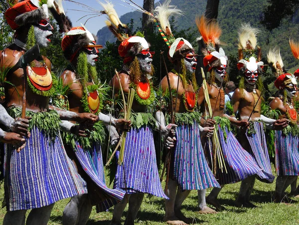 Papua Yeni Gine 'de Papualılar ulusal kıyafetlerle Hagen Dağı' nda geleneksel bir tatil yapıyorlar. — Stok fotoğraf