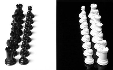 Siyah beyaz satranç tahtası ve taşları