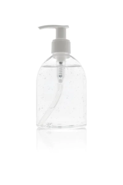 Beyaz arka planda bir şişe alkol jeli, kırpma yolu