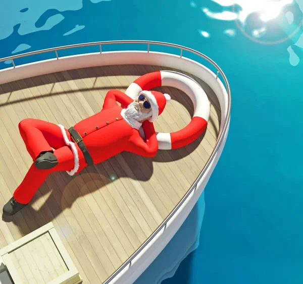 Święty Mikołaj pływa na jachcie — Zdjęcie stockowe