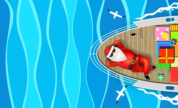 Санта Клаус плаває на яхті, що лежить на палубі. — стоковий вектор
