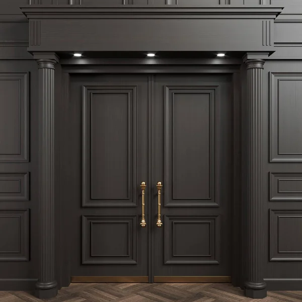 Černé dvojité klasické dřevěné velké dveře na zdi — Stock fotografie