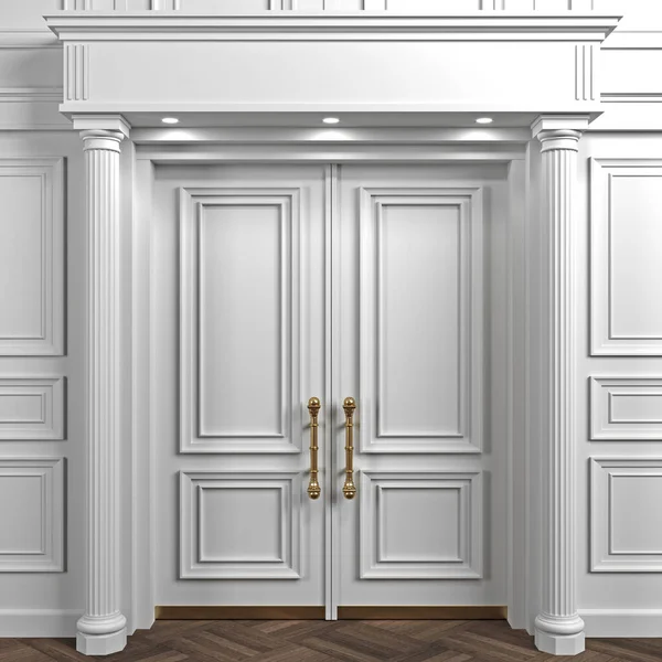 White double classic wooden big door on wall — Stockfoto