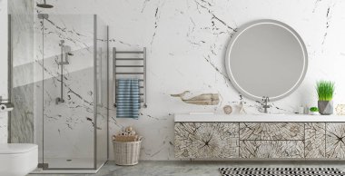 Modern banyo. Çatı katı tarzı çekmeceler.