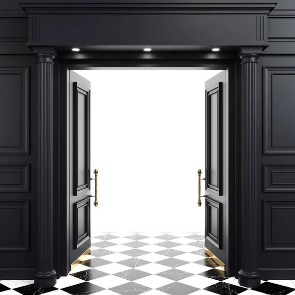 Concept fundo preto porta aberta luz brilhante — Fotografia de Stock