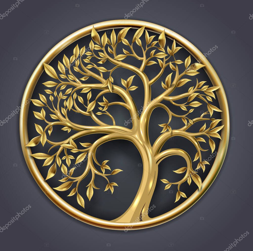 Vector graphics. Golden decorative fairy tree with leaves. Transparent shadow. Round logo emblem