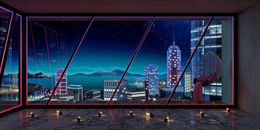 Futuristic night interior with big window on the city