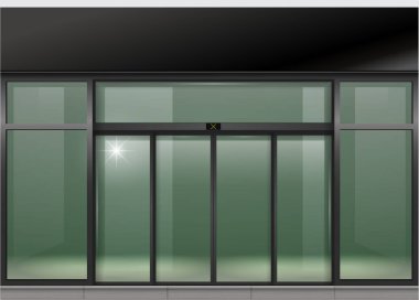 Sliding glass automatic black doors front facade